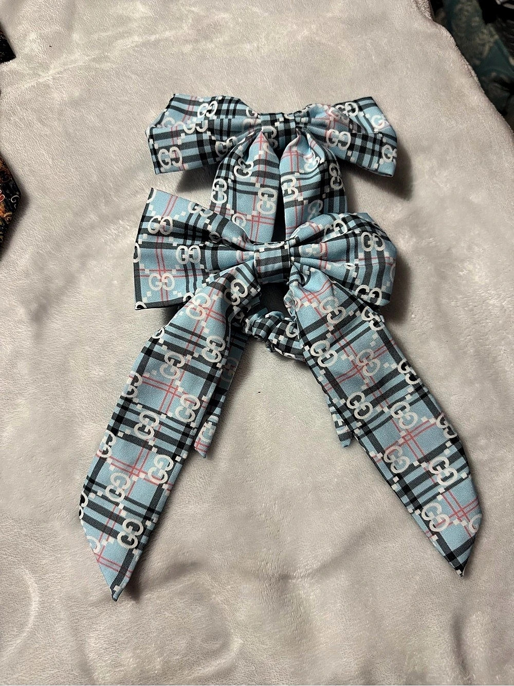 2 Plaid Bow Scrunchie Hair Accessory in Blue & Pink